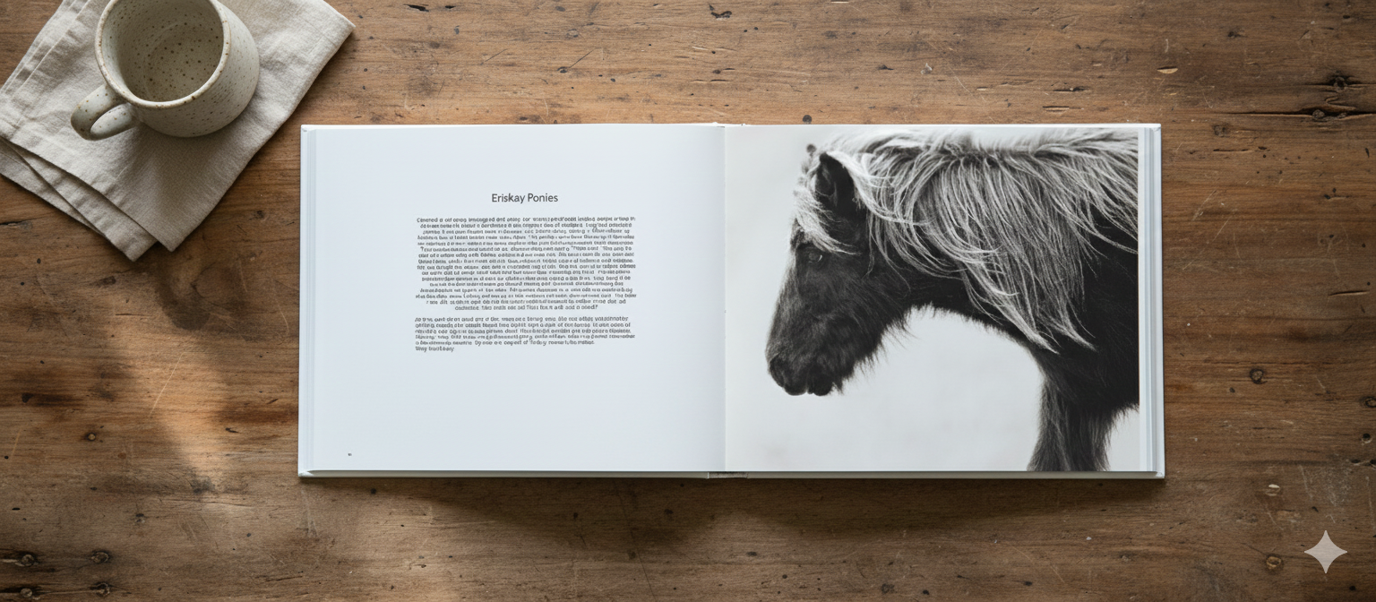 Open book on a wooden surface with a black and white horse illustration and text.